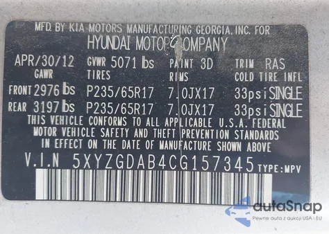 2012 Hyundai Santa Fe Gls из США, поврежденный, VIN 5XYZGDAB4CG157345